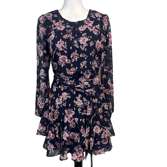City Studio Dress size Small Navy Blue Pink Gold Floral Sheer Ruffles Wedding - Picture 1 of 11